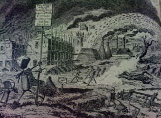 Cartoon on Jerry Builders by George Cruickshank 1829 showing farm land of Hampstead being pelted by bricks from the clamp kilns with their smoke and debris dirtying the fam land