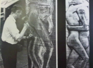 Walter Ritchie sculpting low relief in brickwork. 'Brick is love' 1973