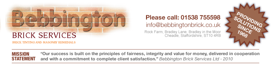 Bebbington Brick Services. Tinting of bricks and other specialised services including brick finder